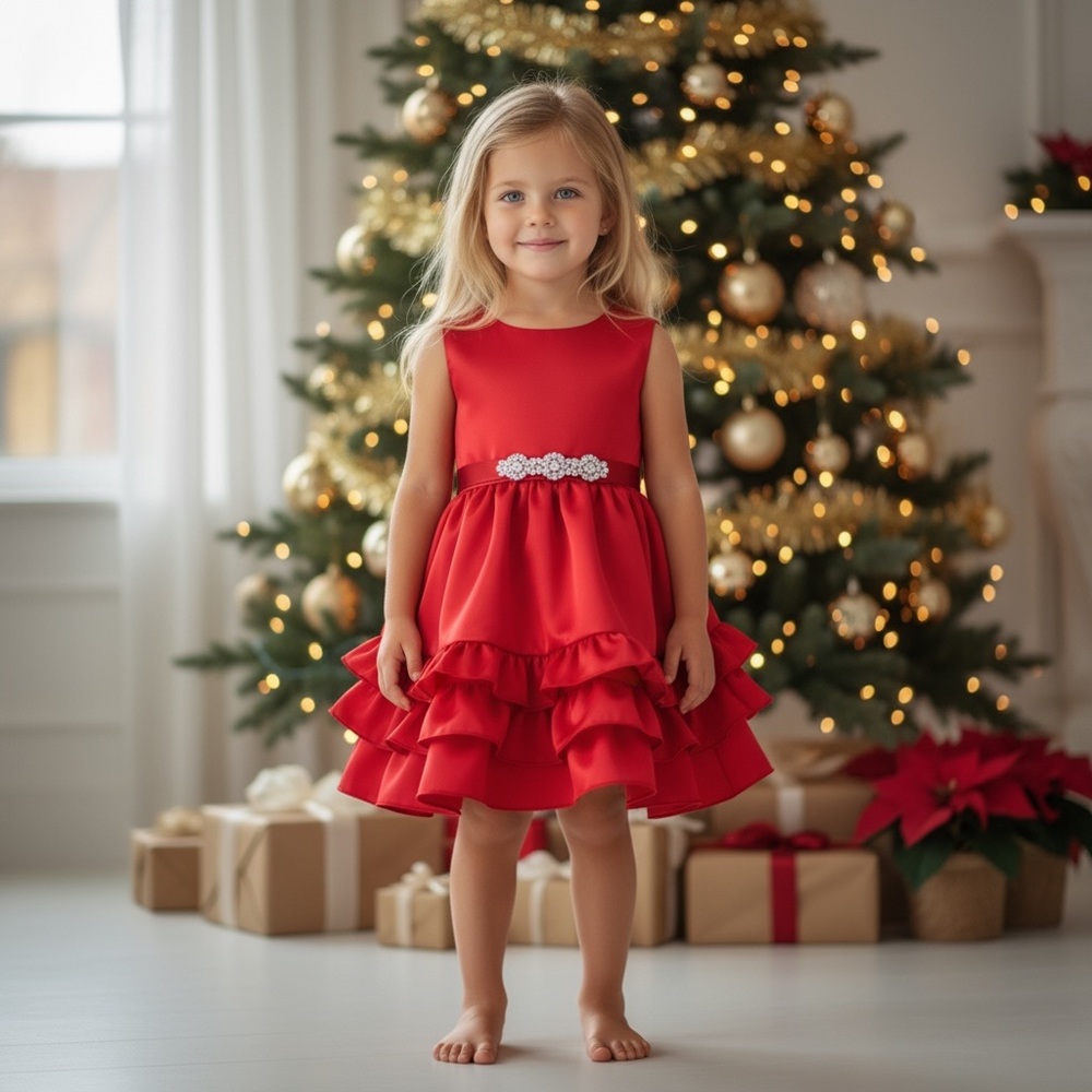 NWT Rare Editions‎ Girls Red Dress With Rhinestone Encrusted Velvet Trim Holiday